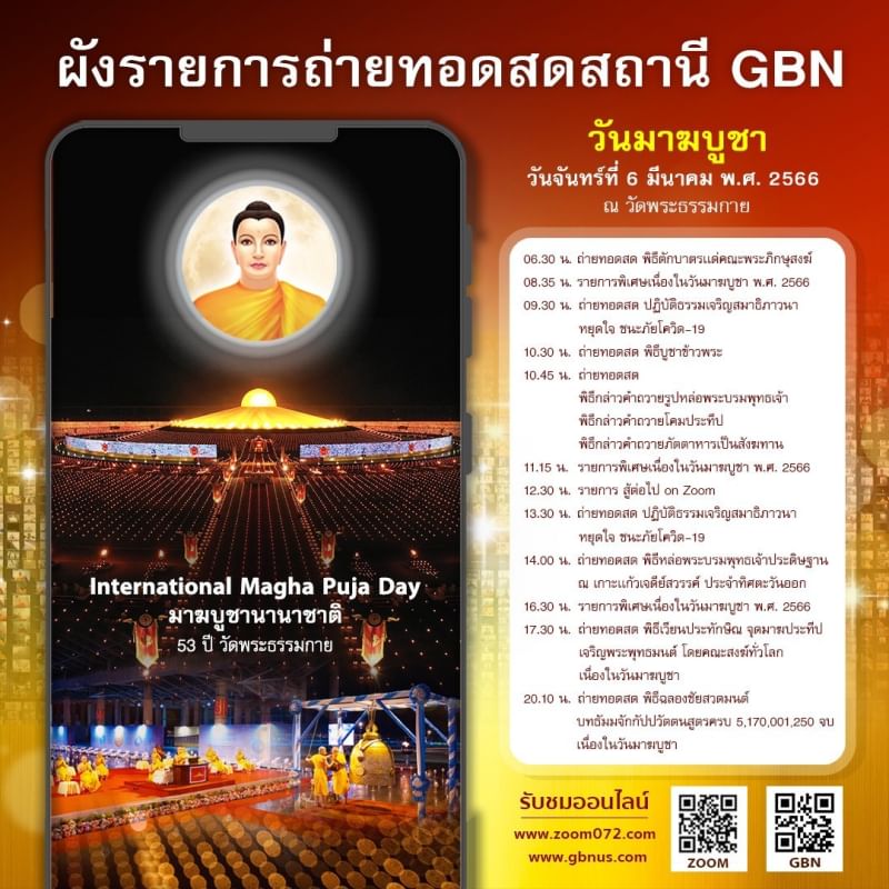 กำหนดการ วันมาฆบูชา ณ วัดพระธรรมกาย  วันจันทร์ที่ 6 มีนาคม พ.ศ. 2566